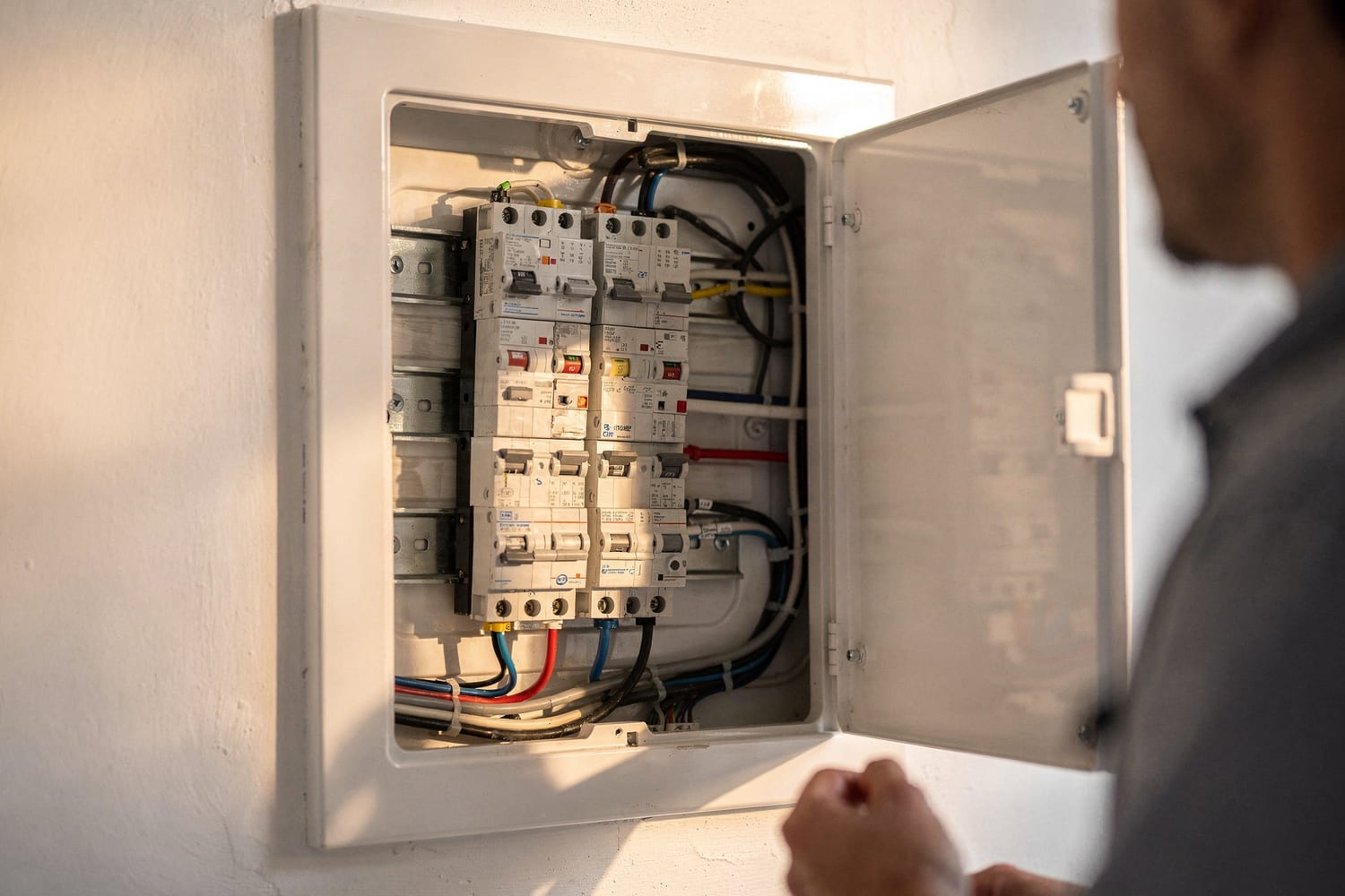 A Dutch Creek electrician inspecting a residential panel by natural light