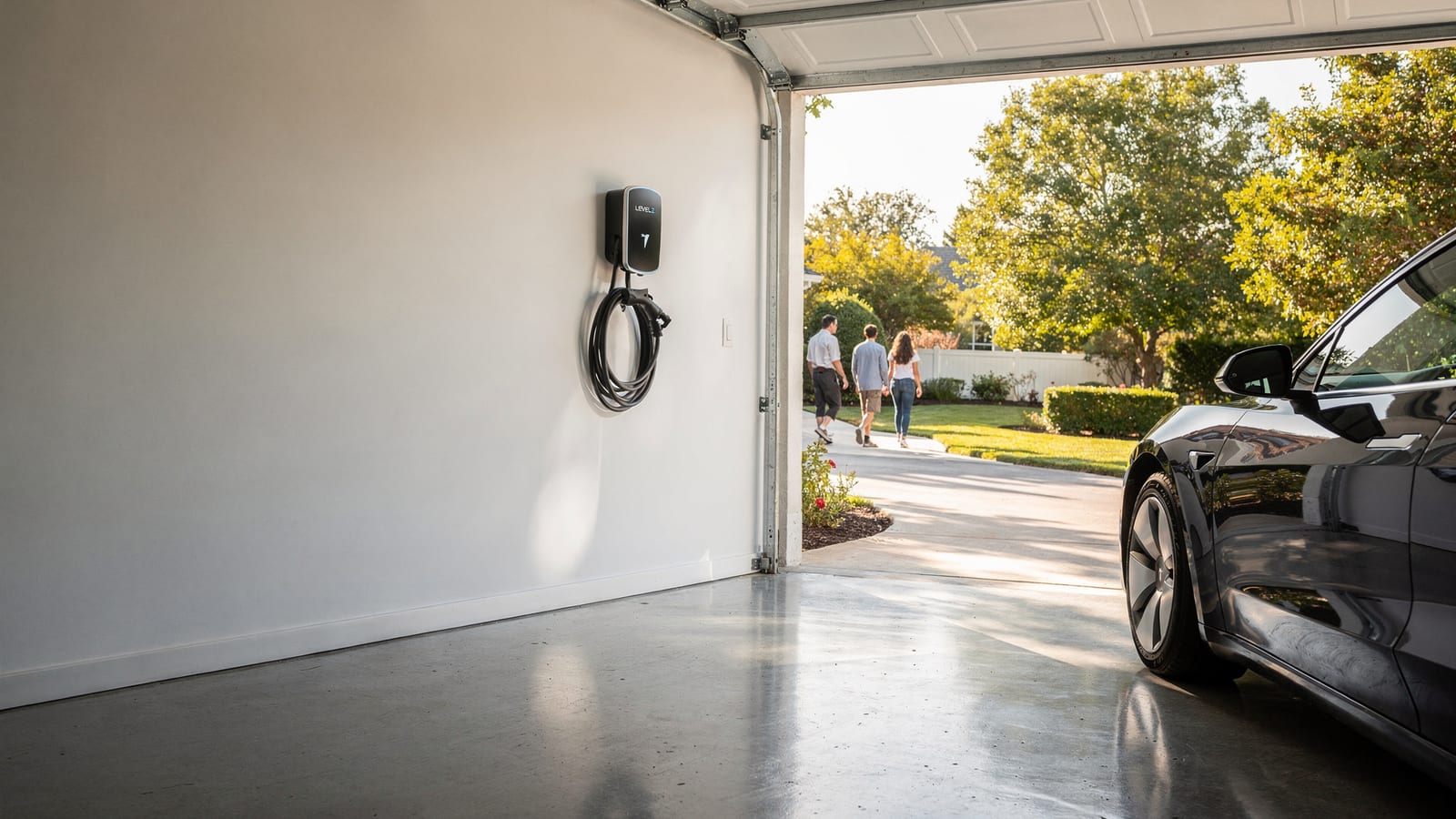 A modern Level 2 EV charger mounted in a bright, sunlit Colorado garage