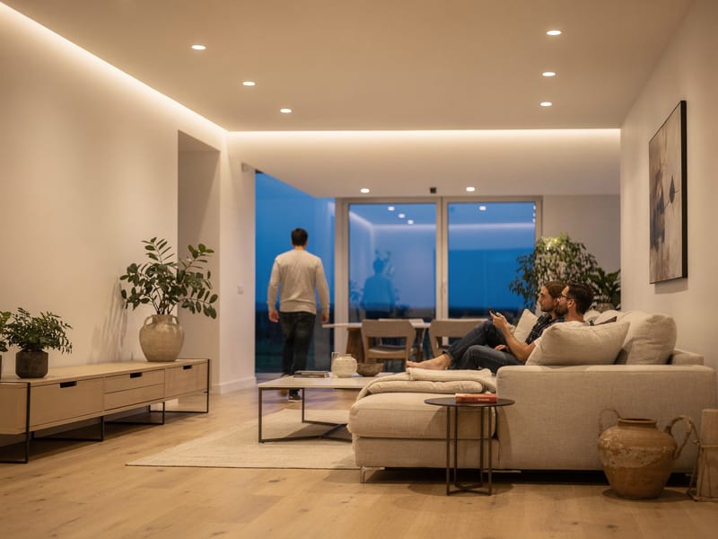 Warm recessed lighting glowing in a freshly finished living room
